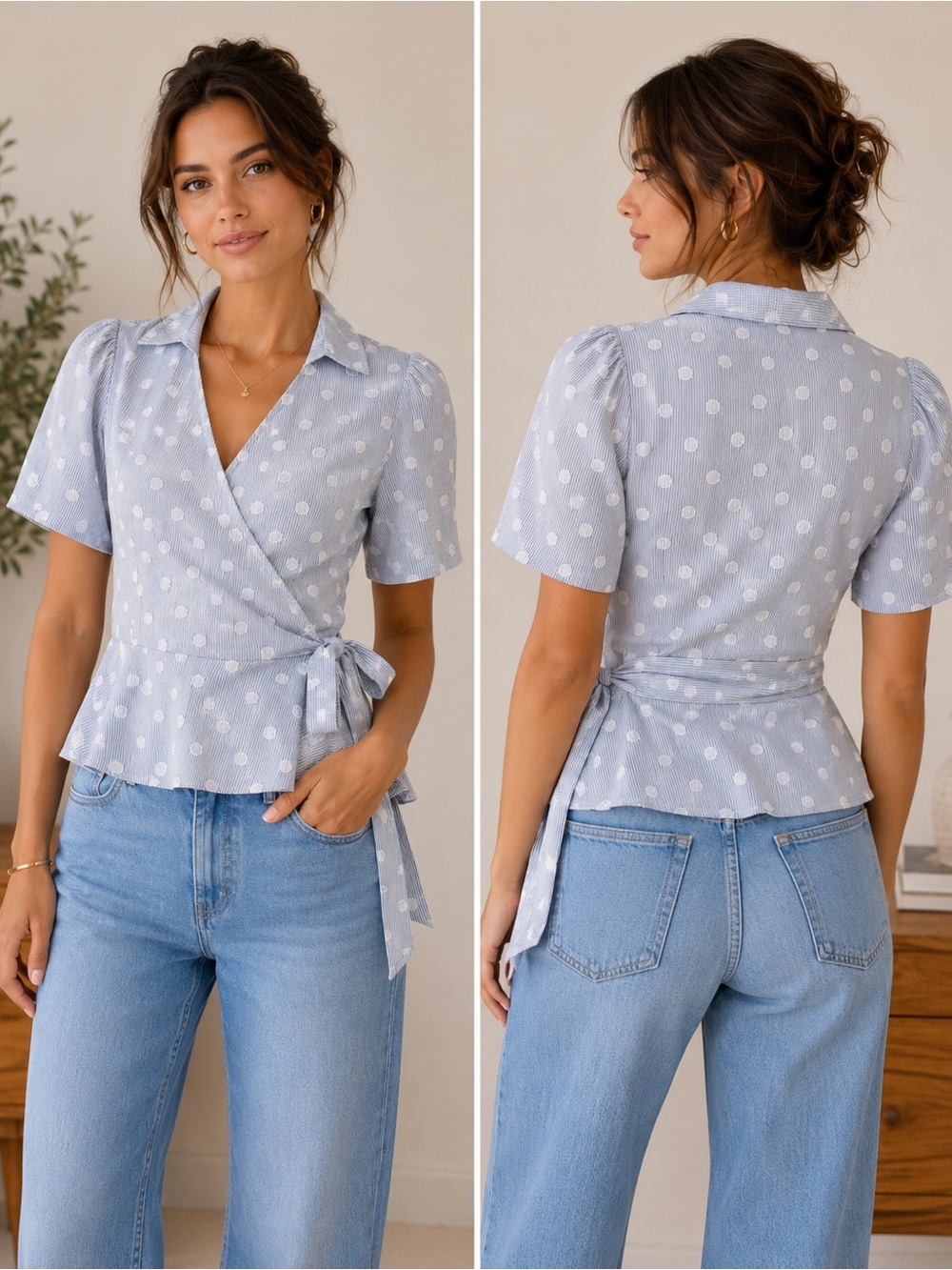 LOFT Blue White Pinstripe Clip Dot Wrap Blouse Flutter Sleeve Tie Waist Size S